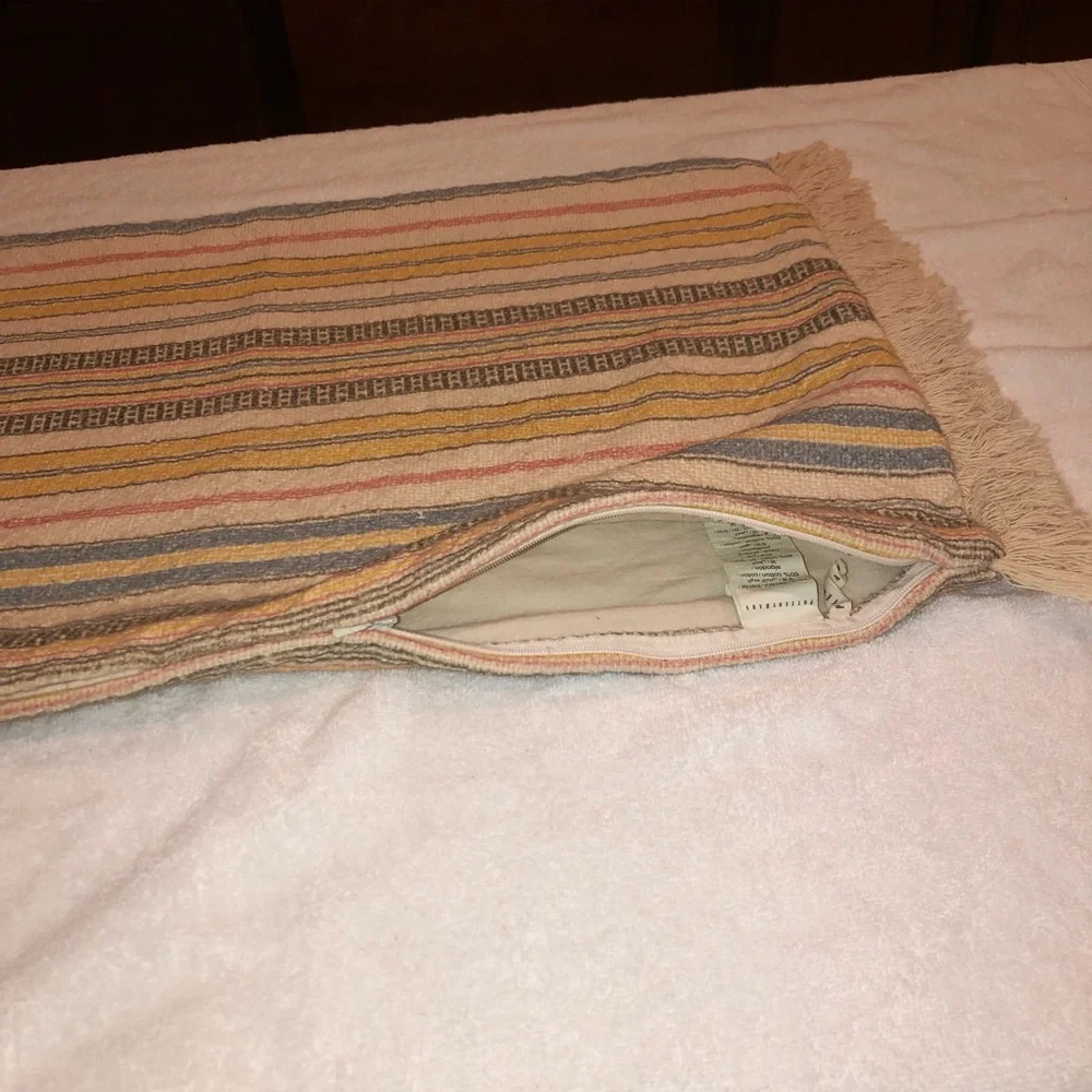 Pottery Barn Striped Lumbar Tapestry/Embroidered Pillow Cover, lined, w/Fringe